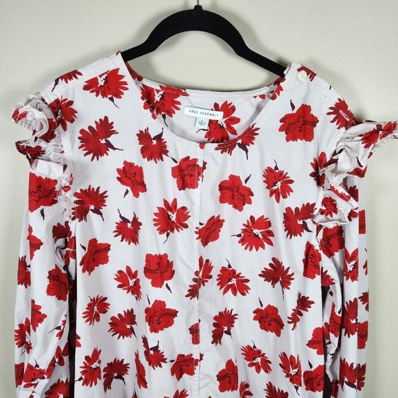 Free Assembly Shirt Womens Large Pink Floral Cotton Ruffle Sleeve High Low Top - Picture 2 of 11